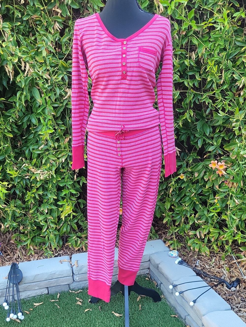 Victoria's Secret Red, Pink And Silver Metallic Striped Thermal Pajama Set M